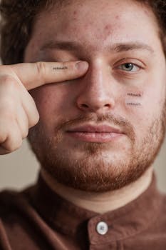 Bearded man covering one eye, 'retouch' message on face, serious expression.