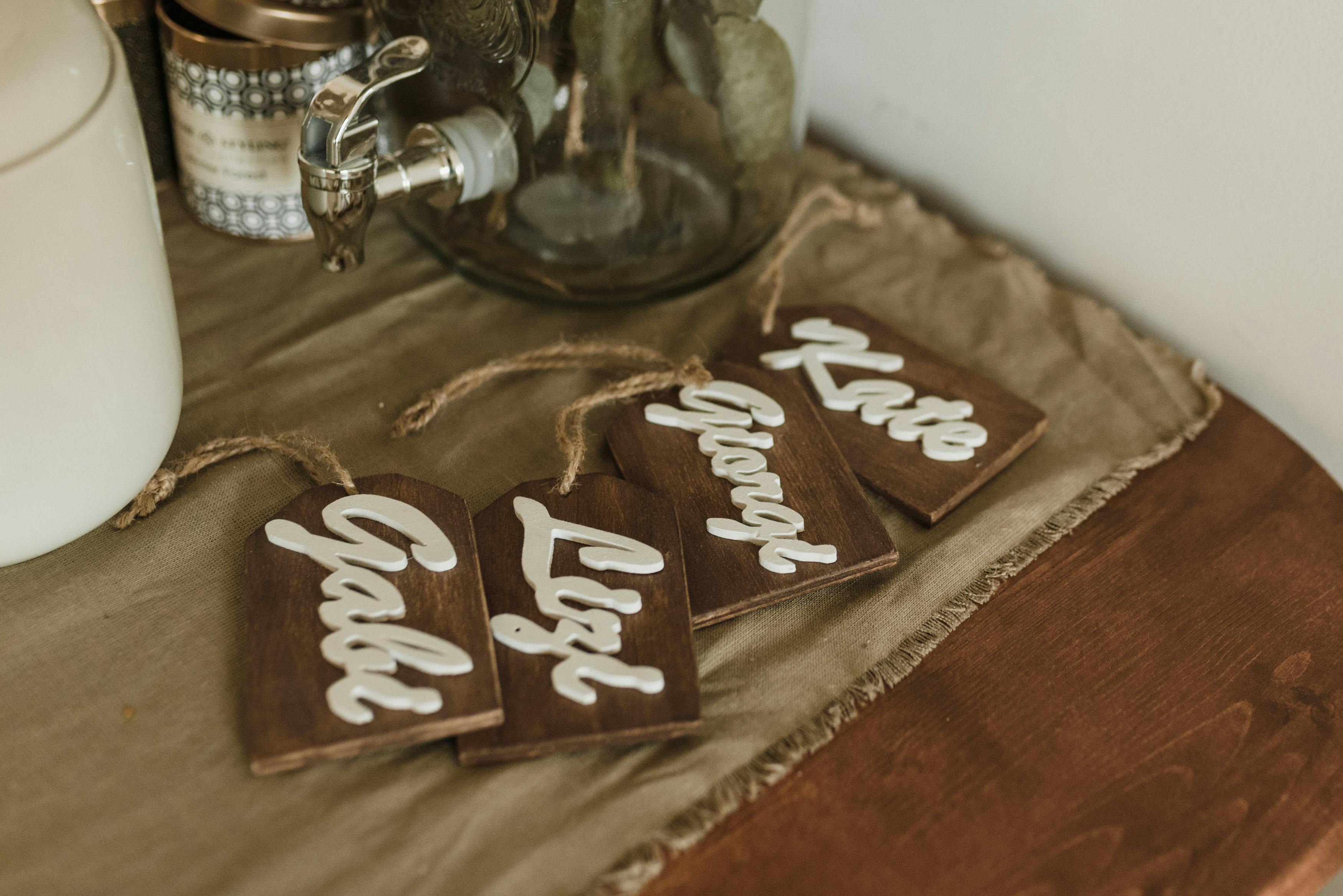 wooden name tags on the brown fabric