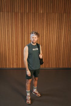 Man standing indoors in a gym setting wearing a headband and holding a bag.