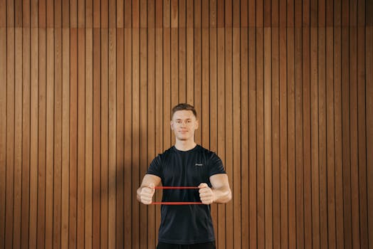 Man in a black shirt using a resistance band for exercise against a wooden wall indoors.
