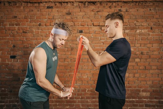 Two men engaging in a resistance band workout in a brick-walled gym setting.