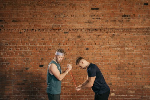 Two men engaged in a workout using resistance bands against a brick wall backdrop, capturing a healthy and dynamic lifestyle.