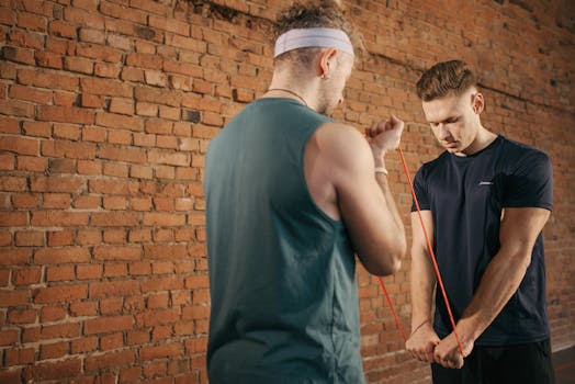 Two men exercising with resistance bands against a brick wall background, showcasing fitness and concentration.