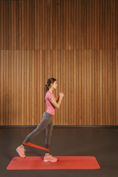 Side view of a woman exercising with a resistance band on a yoga mat indoors.