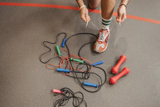 Close-up of a man tying shoelaces beside jump ropes and dumbbells on a gym floor.