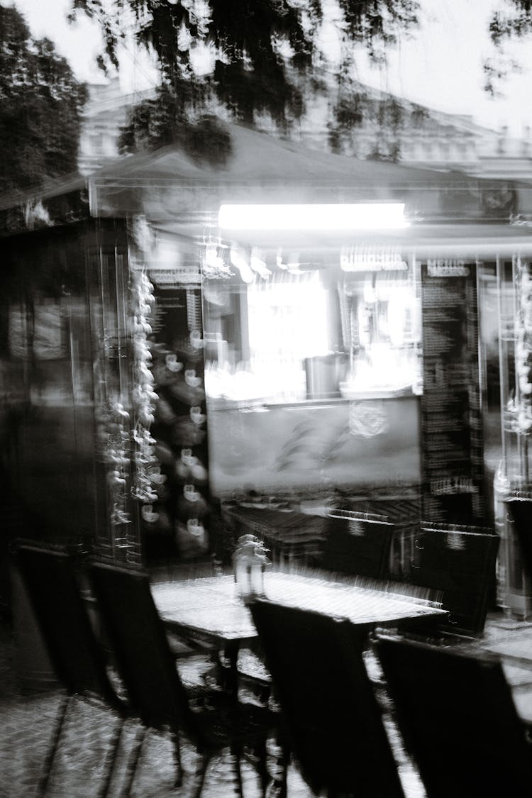 Black And White Long Exposure Shot Of A Restaurant