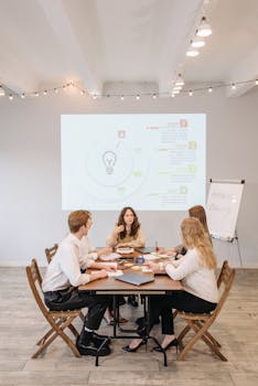 Group of professionals discussing business strategy with a projector and notepad.