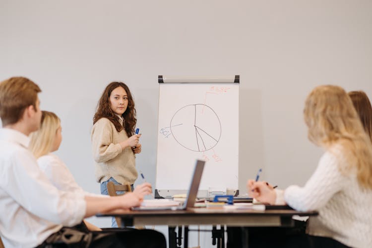 A Woman Discussing In Front Of The People Sitting Inside The Room