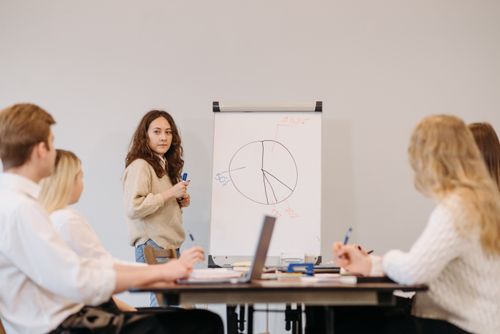 Free Team members engage in a collaborative office meeting, discussing ideas and strategies with visual aids. Stock Photo