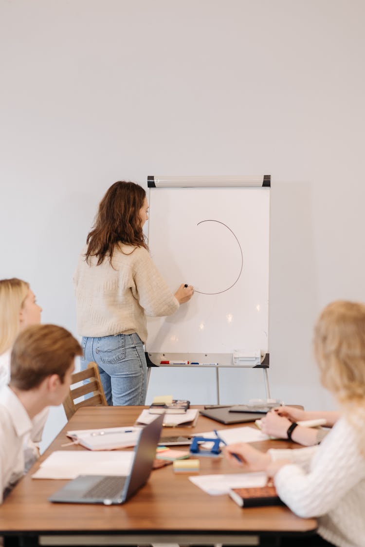 People Sitting On The Chairs While Looking At The Woman Drawing On The White Board