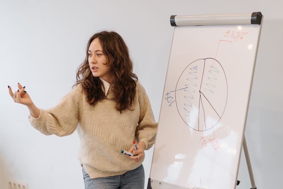 remote work skills training - Woman gives presentation with pie chart on whiteboard, explaining data analysis.