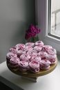 High angle of delicious zephyr type of soft confectionery made by whipping fruit and berry puree placed on windowsill near blooming flowers