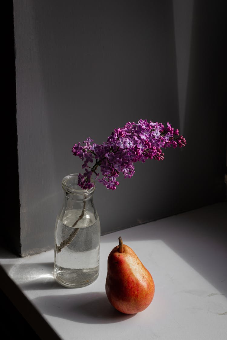 Branch Of Lilac In Water Near Pear