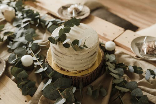Free Birthday Cake with Leaves on Top Stock Photo