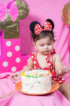 Cute baby girl in mouse ears enjoying birthday cake with colorful sprinkles.