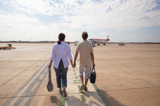 Couple holding hands, walking on the runway towards a plane at Valencia Airport in Spain.