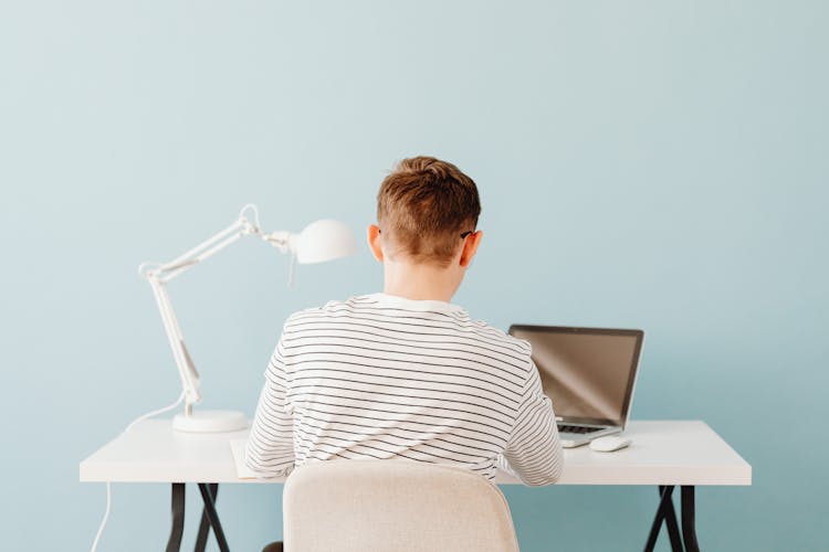 Back Of A Teenager Using A Laptop At A Desk