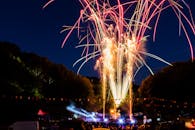 热闹的户外节日夜空被色彩缤纷的烟花照亮，营造出充满活力和庆祝的氛围