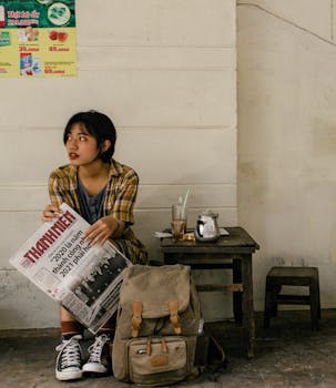 Young woman sitting outdoors with a newspaper and backpack, looking thoughtful.
