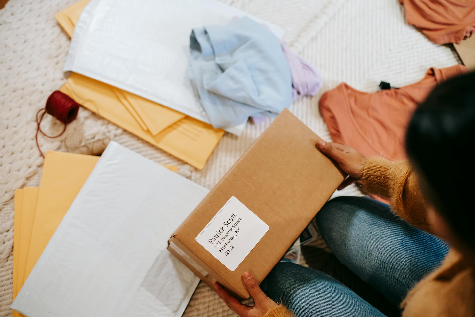 Top view of crop anonymous female with carton box of parcel checking address among envelopes