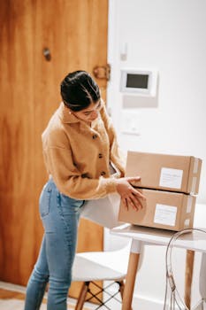 Side view of faceless young lady in casual clothes standing at bright home with shopping bag and parcels on table near door