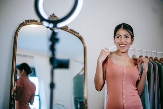 Young woman captures a joyful selfie with a ring light, emphasizing modern lifestyle.
