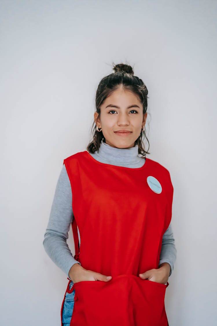 Happy Lady In Red Uniform