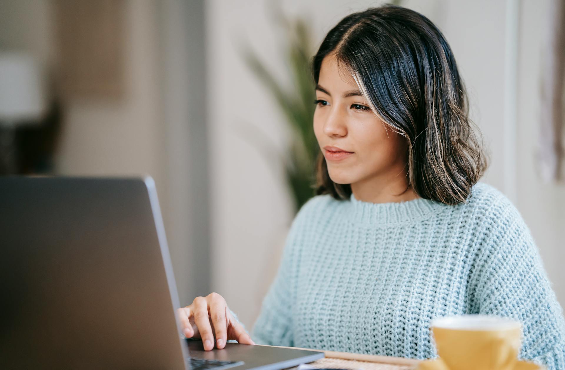 Confident young Latin American woman in casual clothes working remotely on netbook at table near mug with coffee in light apartment with plant with green leaves near wall