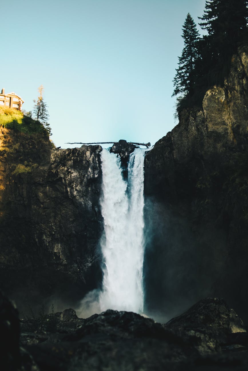 Waterfalls Near House Under Clear Blue Sky · Free Stock Photo