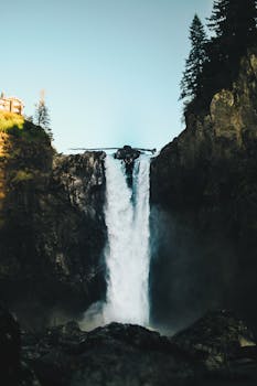 瀑布从岩石悬崖上倾泻而下，四周环绕着森林和晴朗的天空，景象令人惊叹