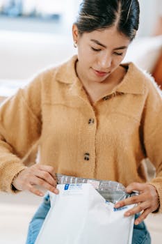 Confident young Latin American female in casual outfit sitting on carpet while unpacking shipping parcel bag in light apartment