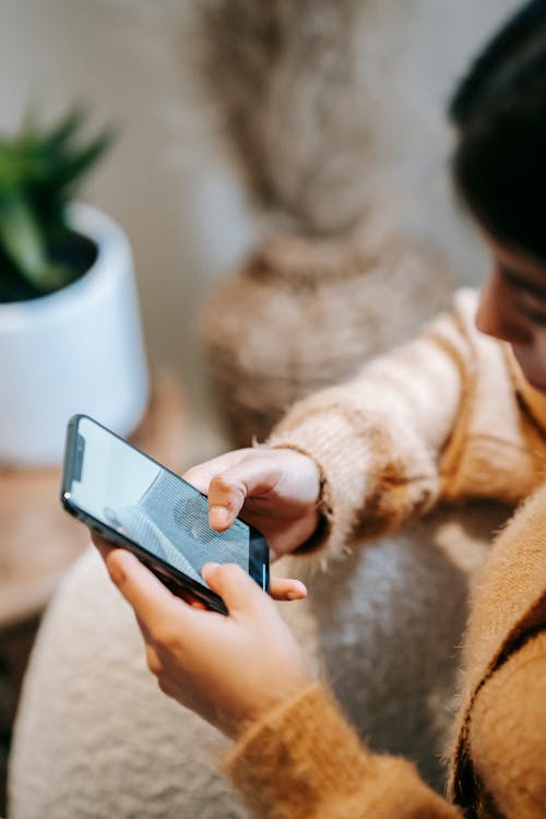 Side view high angle of crop faceless woman in casual outfit surfing on phone at bright home near potted plants