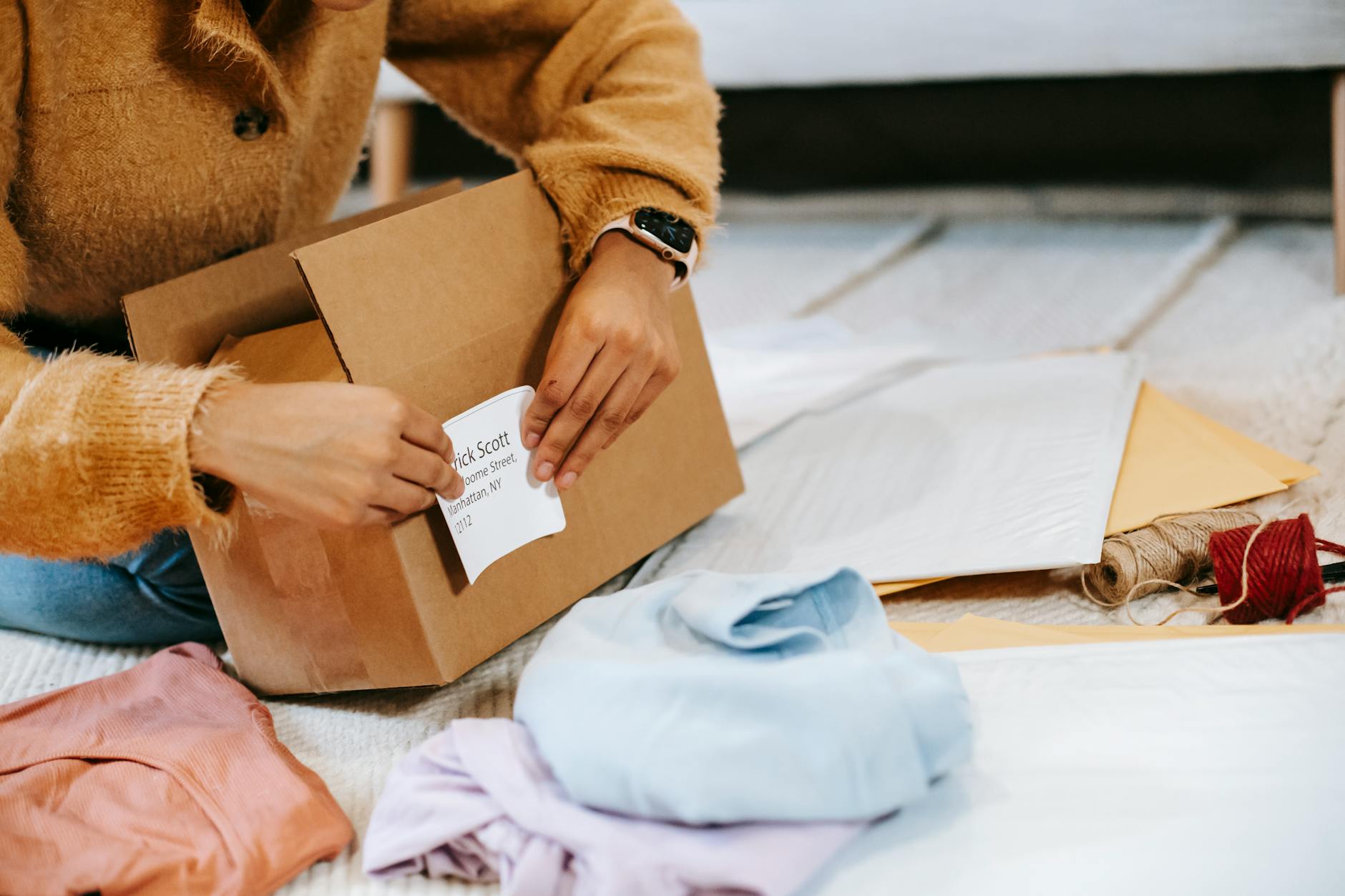 Hands examining a cashmere sweater label and holding the fabric up to assess density