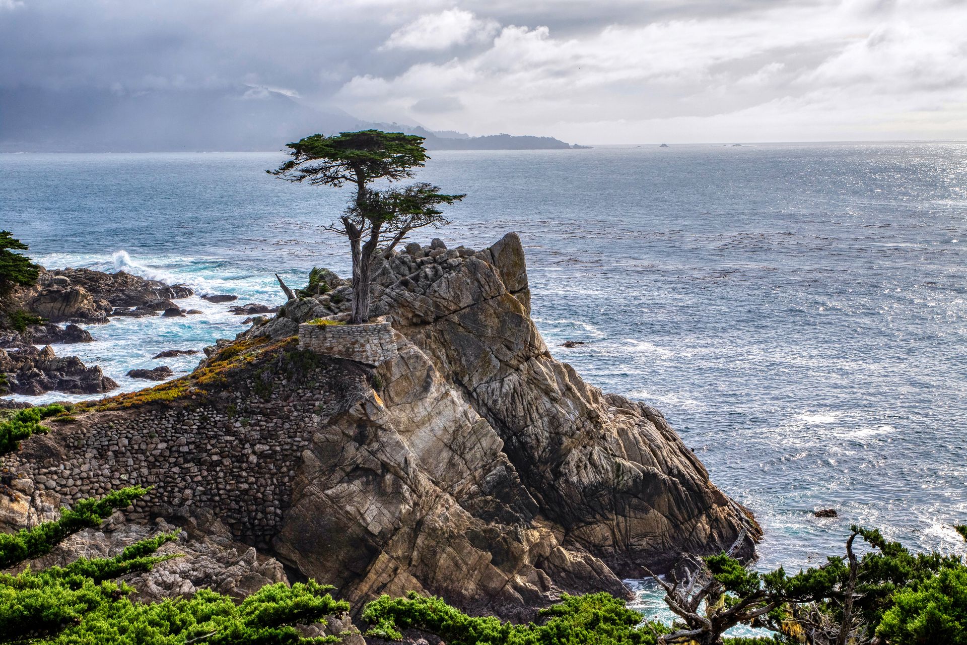 Dramatic image of the Lone Cypress on a rocky cliff at Del Monte Forest.