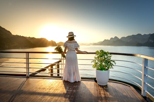 Back view of anonymous woman in white dress and hat admiring mounts from motorboat sailing on river at sundown