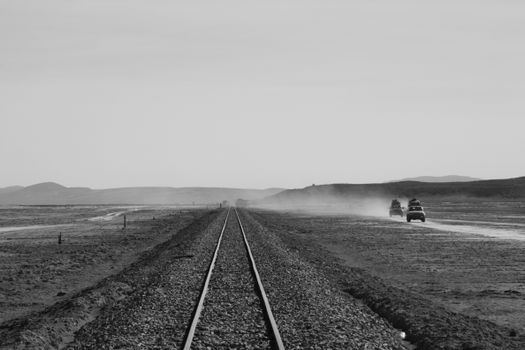 Train graveyard photo morning — Salar de Uyuni