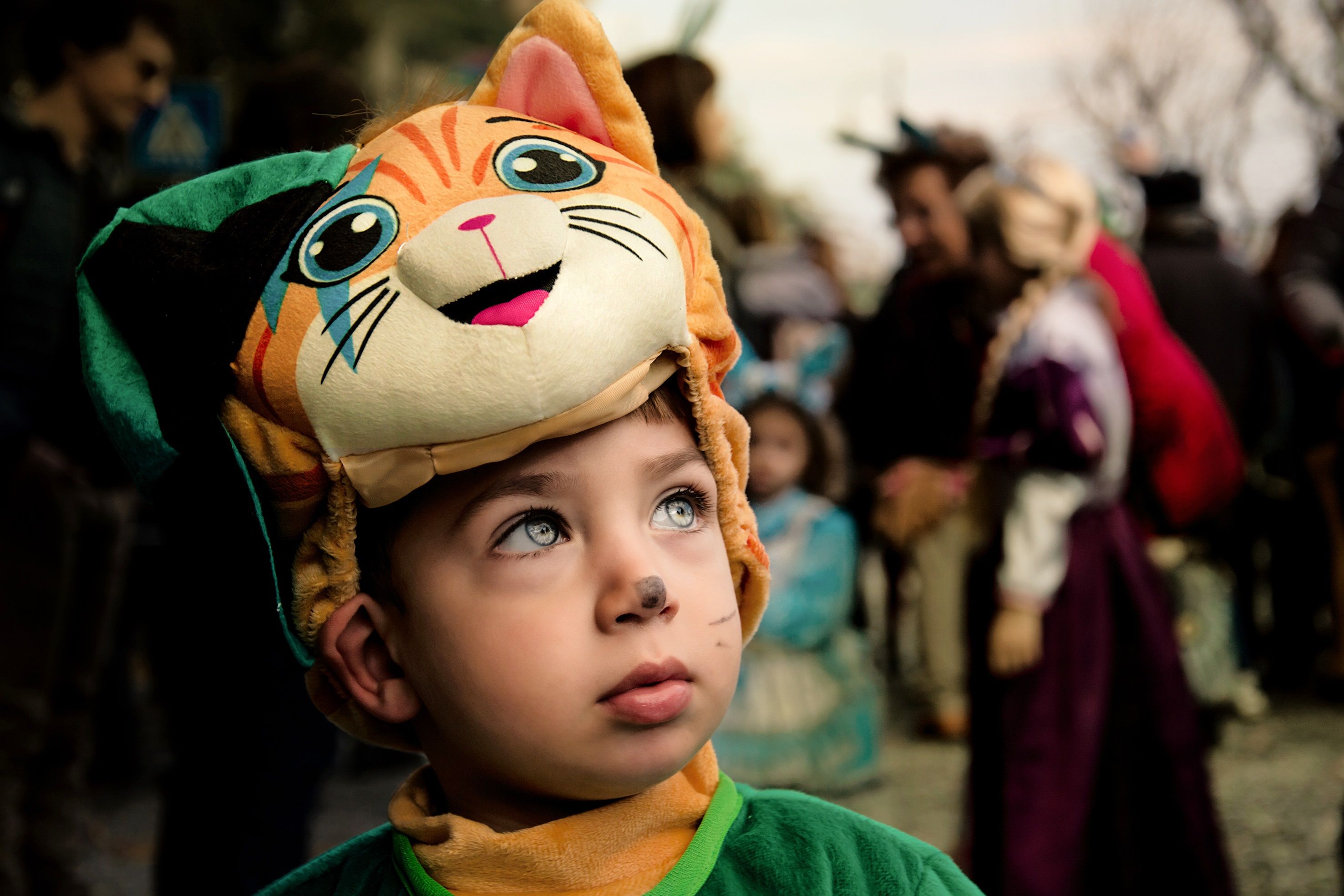 Young boy in cat costume at Maiori Carnival, Italy, in a festive crowd.
