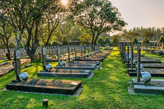 Rows of gravestones with military hardhats located on green tall trees with lush foliage in main heroes cemetery in Indonesia