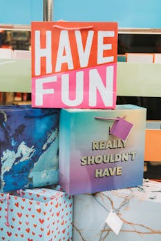 Vibrant gift bags with fun and playful messages, perfect for festive occasions.