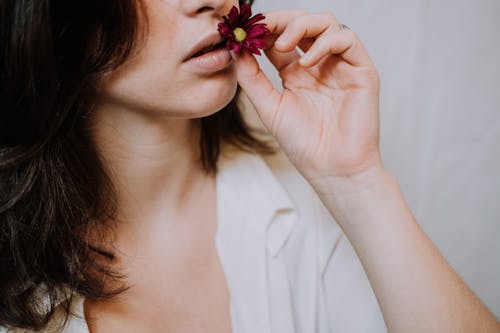 Crop female in white shirt touching lips with gentle blooming flower while enjoying fragrant smell