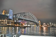 夜色中，悉尼海港大桥的倒影在水中显得格外明亮，令人惊叹