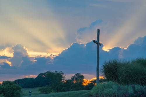 Большой деревянный крест на поле зеленой травы под белыми облаками