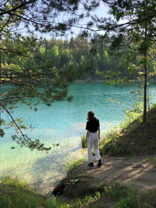 Free Back view of faceless female tourist hiking on shore of calm lake in coniferous forest on sunny day Stock Photo