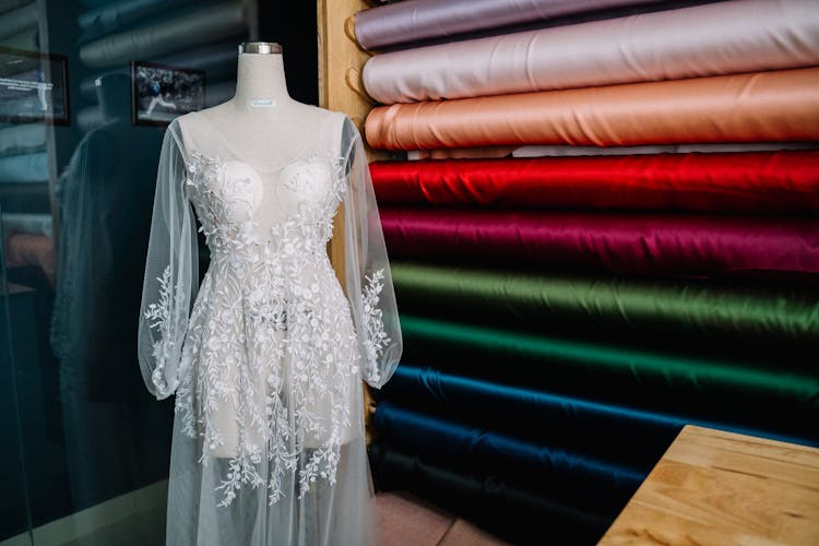 Chiffon Embroidered Dress On A Mannequin In A Tailors Shop