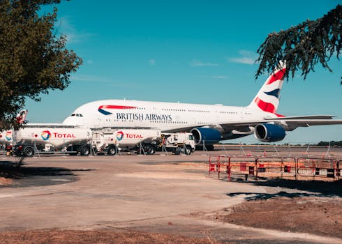 A British Airways A380 being serviced at the airport in Déols, France.