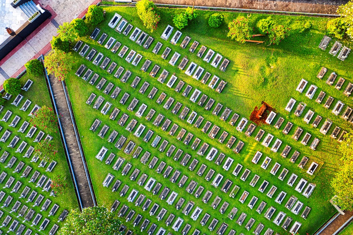 Top view abundance of tombstones located on grassy terrain with green trees located in national main heroes cemetery in Kalibata