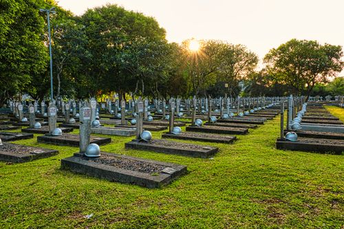 Free Abundance of tombstones with military hardhats located on grassy ground in national main heroes cemetery with green trees in Indonesia Stock Photo