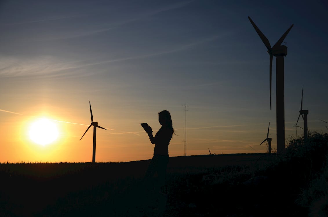 Free Silhouette Of Woman Holding Book Near Windmills Stock Photo