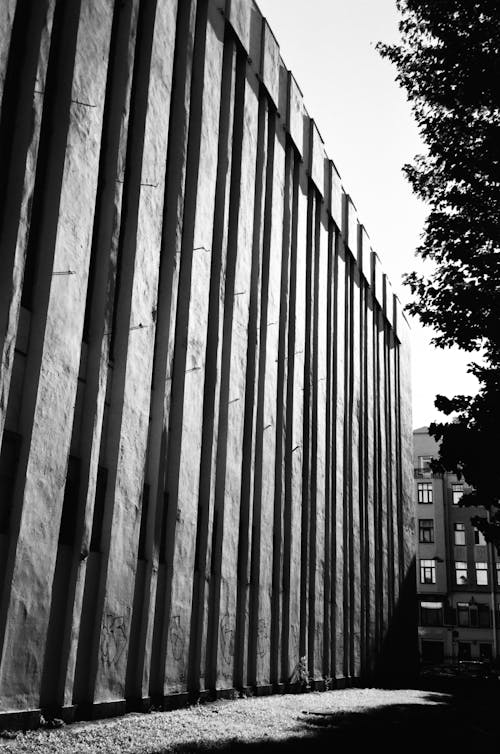 Grayscale Photo of a Tall Concrete Wall