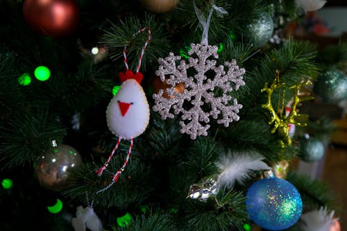 A Close-up Shot of Christmas Decorations Hanging on Christmas Tree 